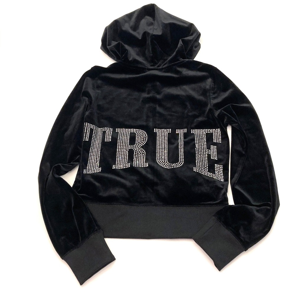 True Religion Crystal Velvet Hoodie Black Velour Zip Up Womens XS Bling